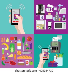 set of illustrations about shopping, cooking technique and food
