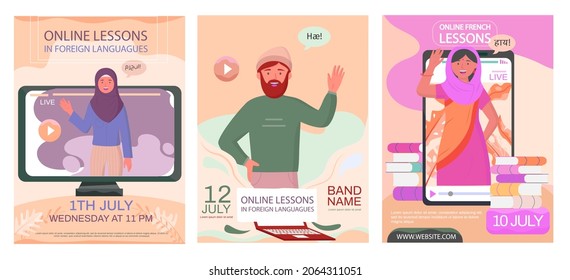 Set of illustrations about speaking practice. Online lesson in foreign languages concept. Learning conversational speech with native speakers. Vocabulary, translation, communication via Internet