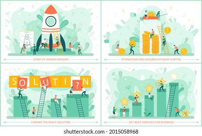 Set of illustrations about starting new project. Business startup, successful strategy concept. People work to attract investors and generate income. Rocket launch, rating system, capital accumulation