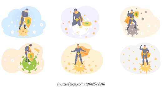 Set of illustrations about superhero as symbol of fight with viruses. Man in costume protects health