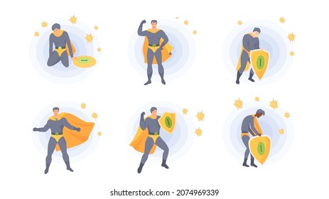 Set of illustrations about superhero as symbol of fight against viruses and bacteria. Male character fights against diseases. Power of imunity creative vector. Male hero in costume protects health