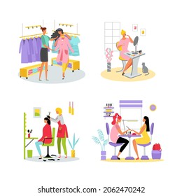 Set of illustrations about taking care of yourself. Time to transform. A woman in a store, in a beauty salon, a hairdresser, does makeup. Vector flat illustration