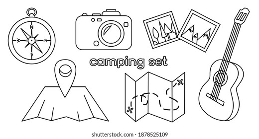 Set of illustrations about tourism, travel, hiking. Black and white travel icons isolated on white background. Stock vector linear illustration.