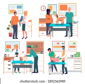 Set of illustrations about treating pets. Owners communicate with vets about animals. Domestic animals treatment concept. Veterinary professional consultation. Assistant helps during the procedure