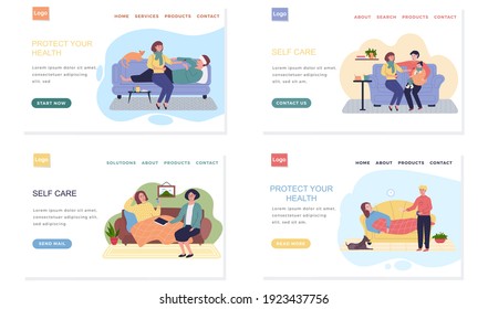 Set of illustrations about treatment on quarantine. Internet website layout. Prevention of covid-19. People help to heal and give medicine. Spending time at home during epidemic of coronavirus