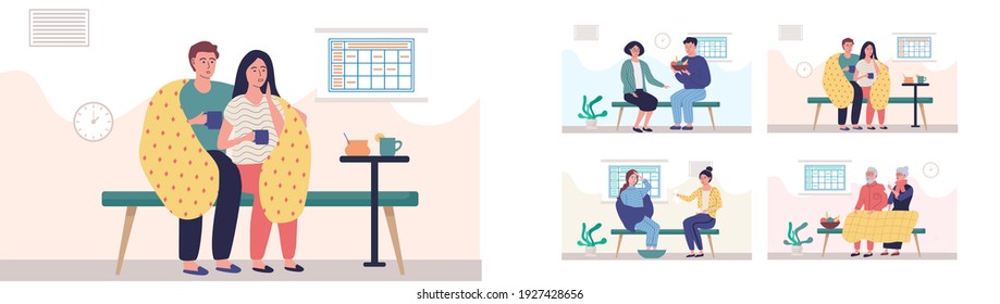 Set of illustrations about treatment and prevention of disease. Sick people spend time in quarantine. Joint pastime concept. Cartoon characters are sick of self-isolation vector illustration