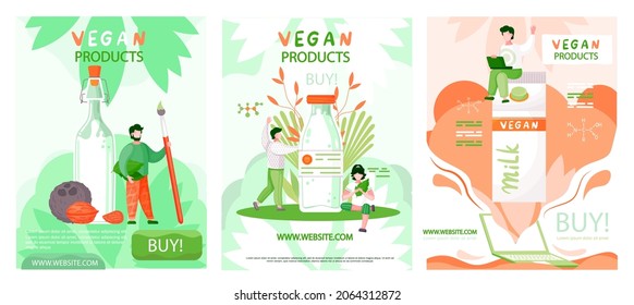 Set of illustrations about vegan products shopping website concept poster. Healthy lifestyle and proper nutrition. Vegetarian plant based milk drink. Cow beverage alternative in different containers