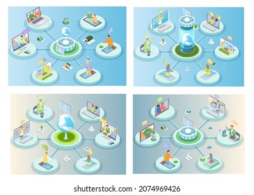 Set of illustrations about virtual meeting or video conference via social media. Chatting by videochat, videoconferencing using green technology. Online communication via Internet, social network