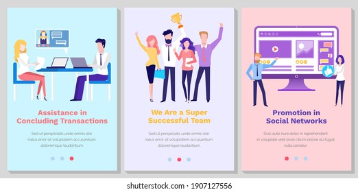 Set of illustrations about website landing page about business, organizing personnel. Promotion in social network concept. Assistance in concluding transactions. Super successful team wins a prize