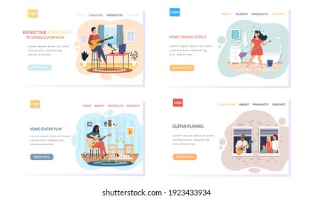 Set of illustrations about websites for learning to play guitar. People perform music on string instrument. Landing page template. Musicians plays guitar at home. Guitarists are passionate about hobby