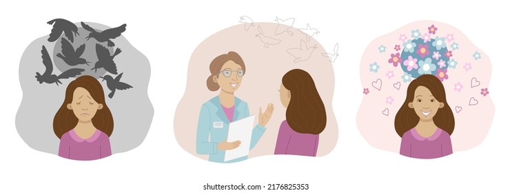 Set of illustrations about a woman's mental health. Depression, anxiety, headache and anxiety, and after visiting a psychologist, calmness, acceptance and self-love. Vector.