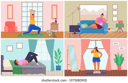 Set of illustrations about women doing exercises to lose weight. Overweight girls lift dumbbells, stand on scales, eat fast food, trying on clothes. Everyday life and daily routine of fat people