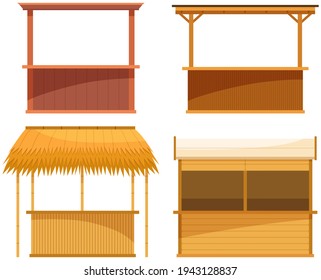 Set of illustrations about wooden outdoor bars. Establishment for sale of alcoholic beverages