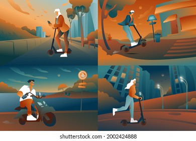 Un conjunto de ilustraciones de antecedentes abstractos con conductores de motocicletas y motocicletas eléctricas, parques, calles, plazas. Paisaje urbano de verano con caminos, nubes y árboles. 