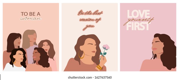 Set of Illustrations of abstract beautiful women portrait with different skin colors. Poster for International Women's day, Girl power concept, Struggle for equality, freedom, independence.