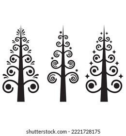 A set of illustrations of an abstract Christmas tree doodle hand-drawn vector sketch lines