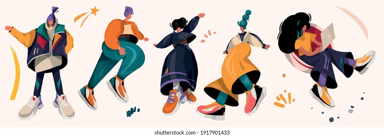 Set of illustrations with abstract people. Lifestyle, street fashion - young woman, man.
 Sport  abstract characters, design shape. 