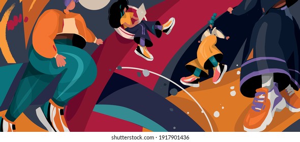 Set of illustrations with abstract people - poster. Lifestyle, street fashion.
 abstract characters, design shape - background 