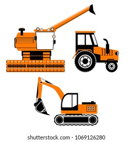 set of illustrations of agricultural machinery. Tractor, combine harvester, excavator