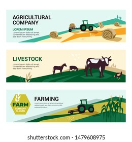 Set of illustrations with agriculture, farming,livestock, harvest. Illustrations of a tractor, hayfield, haystack rolls, farm animals,cows and horse in pasture. Template for banner, annual report,web 