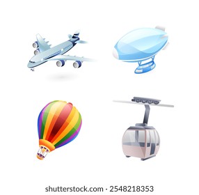 Conjunto de ilustrações de transporte aéreo, avião, dirigível, balão, teleférico, realista em estilo 3d.