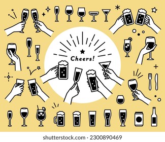 A set of illustrations of alcohol, glasses, and hands toasting.
For parties, events, restaurants, and other occasions.
There are beer, wine, cocktails, etc.