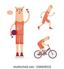 Set of illustrations of alpaca or llama. Basketball name uniform and red sneakers. Going for sports, running, cycling. Animal animated. Vector flat illustration isolated on white background