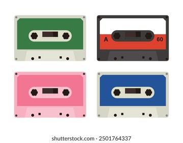 A set of illustrations of the analog audio medium 'cassette tape' in a retro, vintage, and retro style. Cassette tapes are used to listen to music using a portable cassette player electronic device.