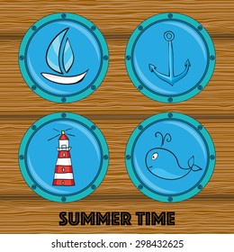 Set of illustrations of anchor, whale, boat, lighthouse in round cabin window on the wood background. Vector illustration.