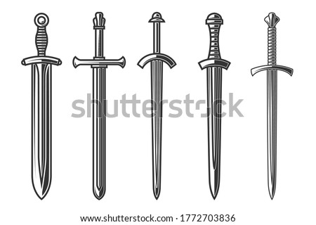 Set of illustrations of ancient swords in engraving style. Design element for logo, label, sign, poster, t shirt. Vector illustration
