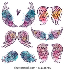 Set of illustrations with angel wings. Freehand drawing