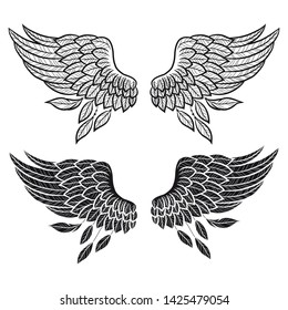 Set of illustrations with angel wings. Sketch. Freehand drawing