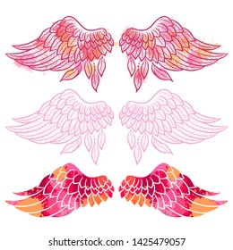 Set of illustrations with angel wings. Sketch. Freehand drawing