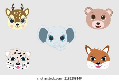 A set of illustrations for animal heads. Overview of illustrations of beautiful mammals.