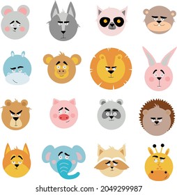 A set of illustrations with animal heads. Vector illustration of beautiful mammals on a white background. Animal emotions.
