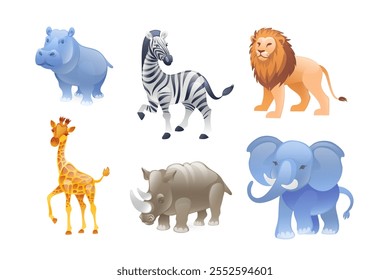 Set of illustrations animals of Africa, elephant, lion, hippopotamus, giraffe, rhinoceros, zebra, realistic in 3D style.