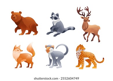 Set of illustrations animals of America, bear, jaguar, monkey, fox, raccoon, red deer, realistic in 3D style.