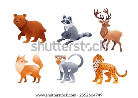 Set of illustrations animals of America, bear, jaguar, monkey, fox, raccoon, red deer, realistic in 3D style.
