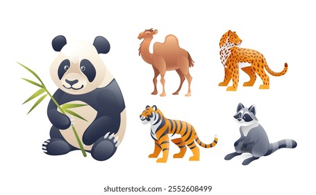 Set of illustrations animals of Asia, panda, leopard, camel, tiger, raccoon, realistic in 3D style.