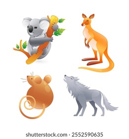 Set of illustrations of animals of Australia, koala, kangaroo, marsupial mouse, wolf, realistic in 3D style.