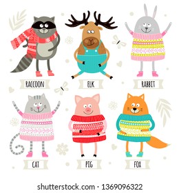 Set of illustrations with animals. Cartoon style