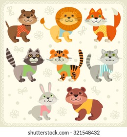 Set of illustrations with animals. Illustrations with a dog, fox, bear, rabbit, raccoon, tiger, lion, cat.