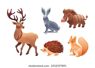 Conjunto de ilustrações de animais da Europa, veado, lebre, ouriço, javali, esquilo, realista em estilo 3D.