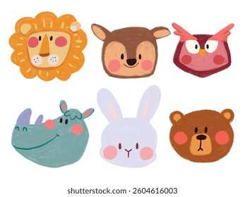 Set of illustrations animals lion, rabbit, owl, bear, rhino with wax crayons.Clip art with animals on white isolated background with pastel pencils.