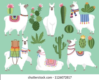 Set illustrations of animals. Llama and alpaca wool. Cute character animal lama, vector illustration