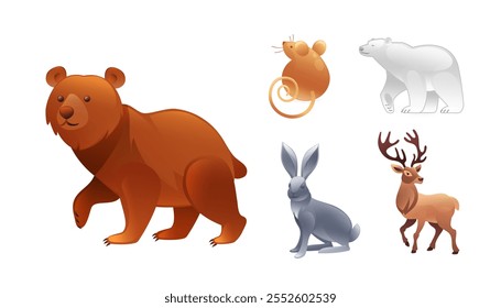 Set of illustrations of animals of the Northern Hemisphere, brown bear, polar bear, mouse, hare, red deer, realistic in 3D style.