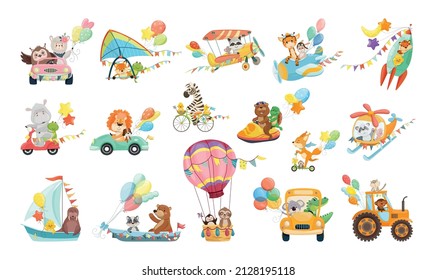 Set of illustrations with animals in various transport. Children's illustrations.