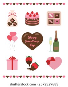 A set of illustrations for the anniversary of 'Valentine's Day', the day when lovers give each other chocolates. Chocolate gifts, cakes, balloons, champagne, wine, and strawberries.