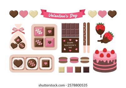 A set of illustrations for the anniversary of 'Valentine's Day', the day when lovers give each other chocolates. Chocolate, gifts, cakes, desserts, sweets, macarons, strawberries.