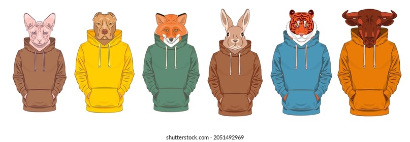 Set of illustrations of anthropomorphic animals wearing hoodies. Cat, dog, fox, rabbit, tiger, bull. Vector illustration in line art style. Print for T-shirts, stationery.